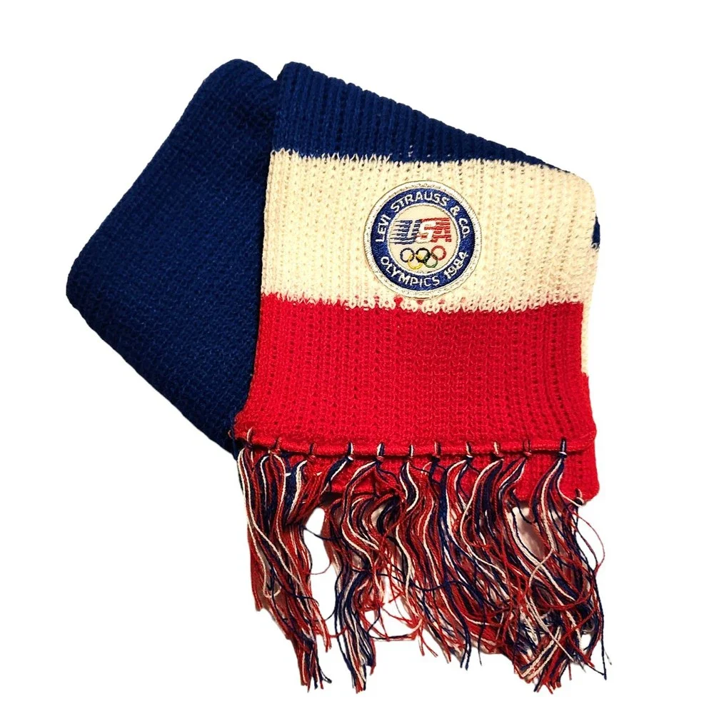 Vintage Levi Strauss & Co. Knit Fringe Scarf Red White Blue Olympics 1984
